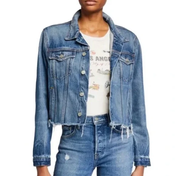 GRLFRND CARA Denim Jacket Raw Hem Distressed Wash - Picture 7 of 7